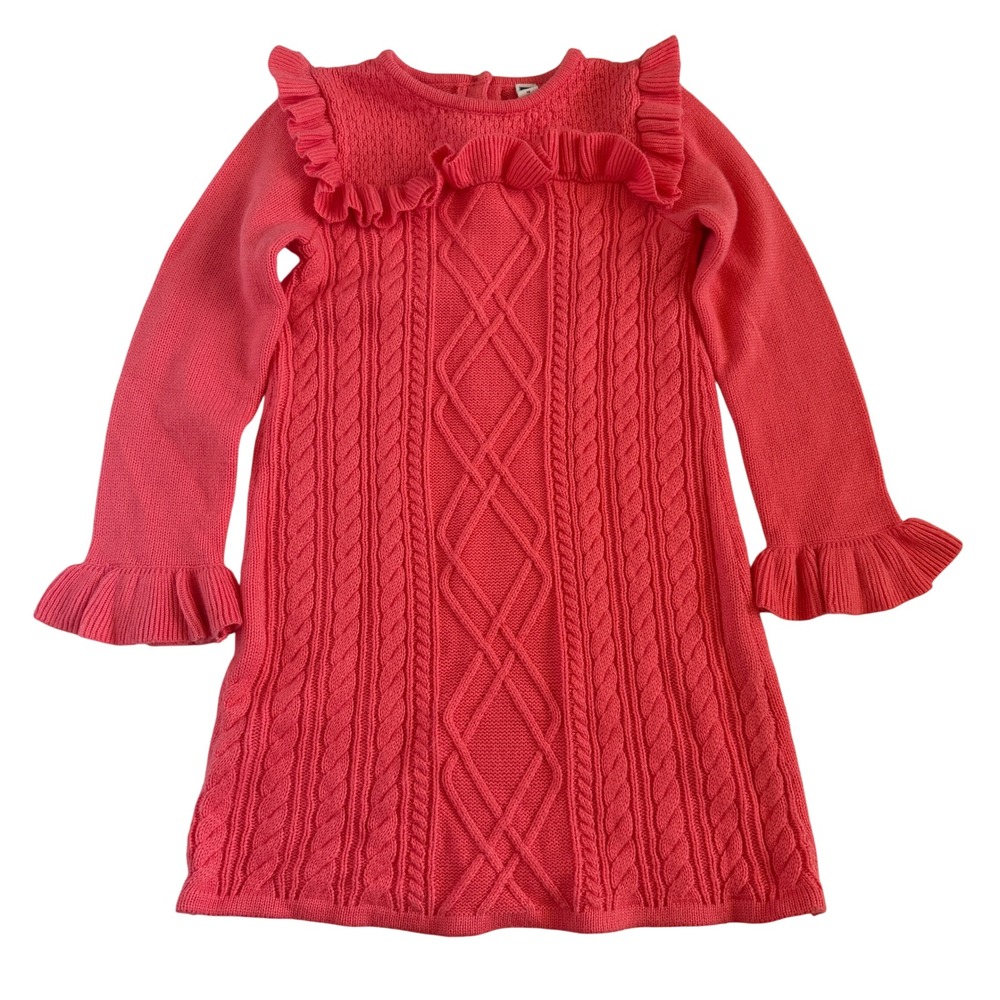 Janie and Jack Girls Coral Pink Cable Knit Ruffle Sweater Dress 12M 100029796